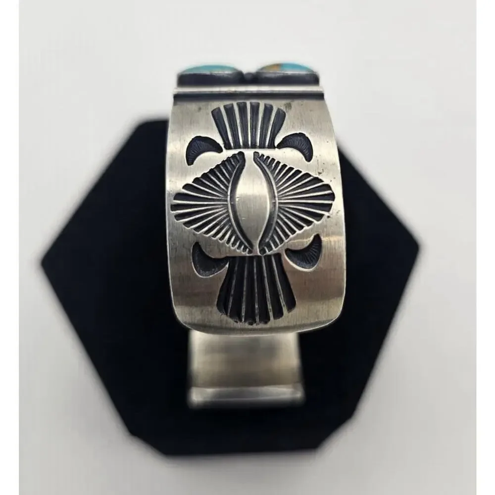 Kirk Smith Navajo Double Row Sterling Silver & Turquoise Cuff Bracelet Rare 118g
